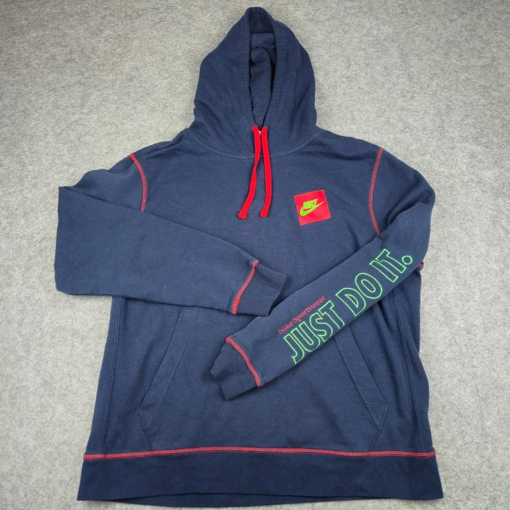 Nike Sportswear Mens Large Just Do It Hoodie Navy Blue Red Contrast Stitch‎